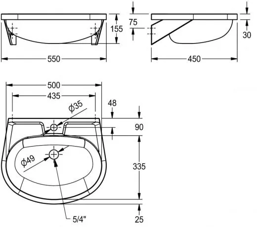 KWC PROFESSIONAL Anima Handwaschbecken BS205-M fr Wandmontage fugenlos eingeschweites Becken mit Armaturenbohrung  35mm