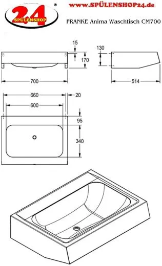 KWC PROFESSIONAL Anima Waschtisch CM700N Einzelwaschtisch CONFORT f�r Wandmontage ohne �berlauf und ohne Hahnlochbohrung (3600005551)