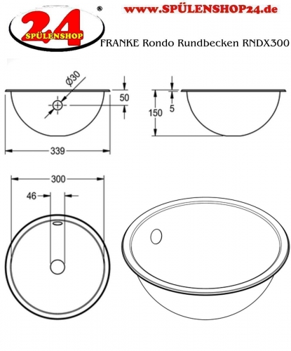 KWC PROFESSIONAL Rondo Rundbecken RNDX300 Einbau-/ Unterbaubecken seidenmatt berlauf rund
