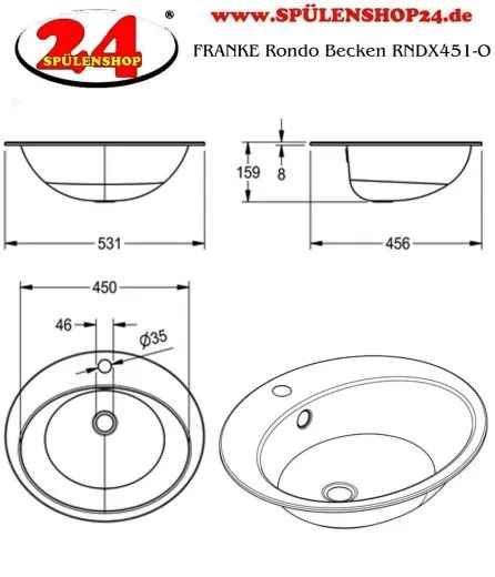 KWC PROFESSIONAL Rondo Becken RNDX451-O Einbau-/ Unterbaubecken seidenmatt berlauf rund mit Hahnlochbank