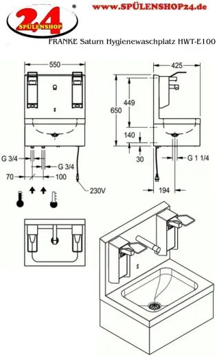 KWC PROFESSIONAL Saturn Hygienewaschplatz HWTE0001 rztewaschrinne fr Wandmontage ohne berlauf