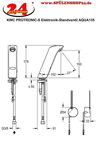KWC PROFESSIONAL Protronic-S Elektronik-Standventil AQUA135 DN 15 fr Waschanlagen, opto-elektronisch gesteuert mit Wandeinbau-Netzteil