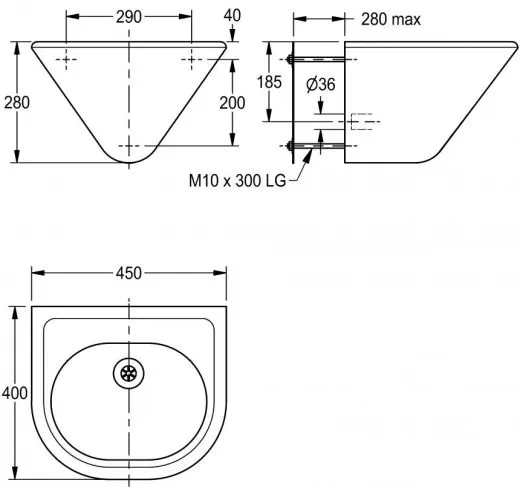 KWC PROFESSIONAL Heavy Duty Einzelwaschtisch HDTX450 fr Wandmontage fugenlos eingeschweites Becken