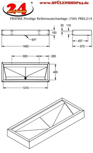 KWC PROFESSIONAL Prestige Reihenwaschanlage (700) PREL214 fr Wandmontage ohne Armaturenbank Breite 1400mm