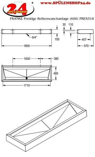 KWC PROFESSIONAL Prestige Reihenwaschanlage (600) PRES318 fr Wandmontage ohne Armaturenbank Breite 1800mm