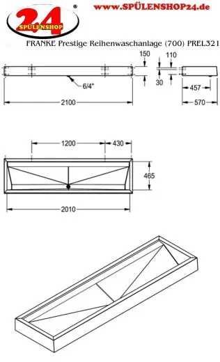 KWC PROFESSIONAL Prestige Reihenwaschanlage (700) PREL321 fr Wandmontage ohne Armaturenbank Breite 2100mm