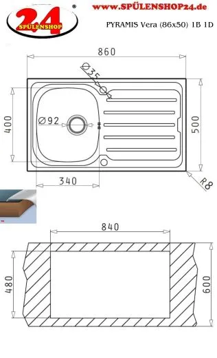 PYRAMIS Kchensple Vera (86x50) 1B 1D Einbausple / Edelstahlsple Siebkorb als Drehknopfventil