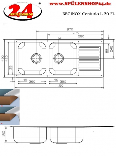 REGINOX Kchensple Centurio 30 (L) KGOKG Einbausple Edelstahl Doppelsple mit Flachrand Siebkorb als Stopfenventil