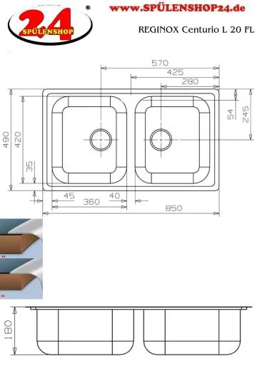 REGINOX K�chensp�le Centurio L20 Einbausp�le Edelstahl Doppelbecken mit Flachrand Siebkorb als Stopfenventil
