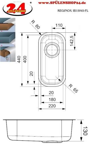 REGINOX Kchensple IB 1840 (L) OKG Einbausple Edelstahl 3 in 1 mit Flachrand Siebkorb als Stopfenventil
