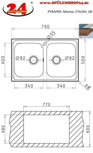 PYRAMIS Kchensple Athena Extra (79x50) 2B Einbausple / Doppelsple Siebkorb als Stopfenventil