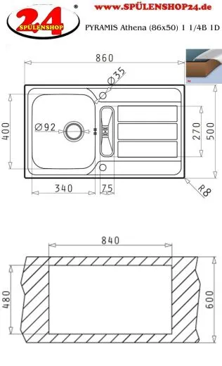 ✅ PYRAMIS Kchensple Athena (86x50) 1 1/4B 1D Einbausple / Edelstahlsple Siebkorb als Drehknopfventil