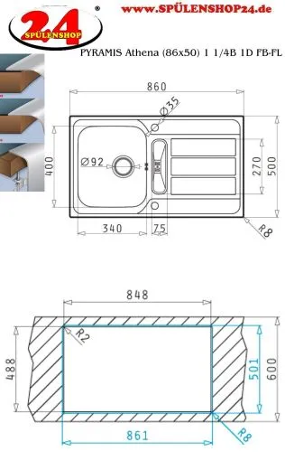 PYRAMIS Kchensple Athena (86x50) 1 1/4B 1D FB Einbausple Flachrand / Flchenbndig Siebkorb als Drehknopfventil