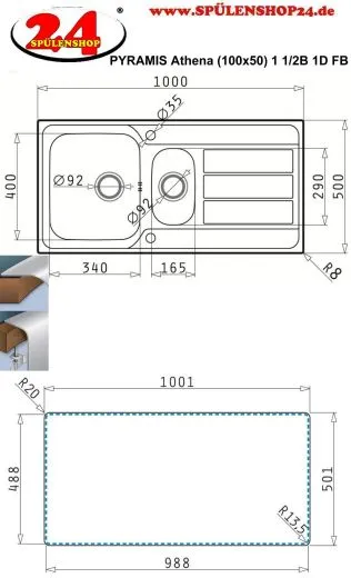 PYRAMIS Kchensple Athena Extra (100x50) 1 1/2B 1D FB Einbausple Flachrand / Flchenbndig Siebkorb als Drehknopfventil