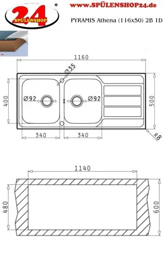 PYRAMIS Kchensple Athena Extra (116x50) 2B 1D Einbausple / Doppelsple Siebkorb als Drehknopfventil