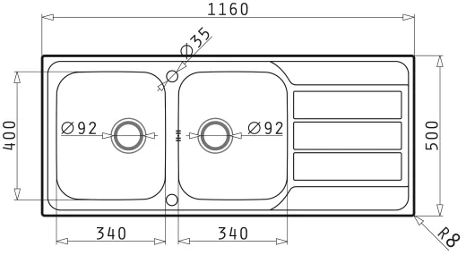PYRAMIS Kchensple Athena Extra (116x50) 2B 1D Einbausple / Doppelsple Siebkorb als Drehknopfventil