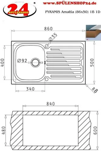 PYRAMIS Kchensple Amaltia (86x50) 1B 1D Einbausple / Edelstahlsple Siebkorb als Drehknopfventil