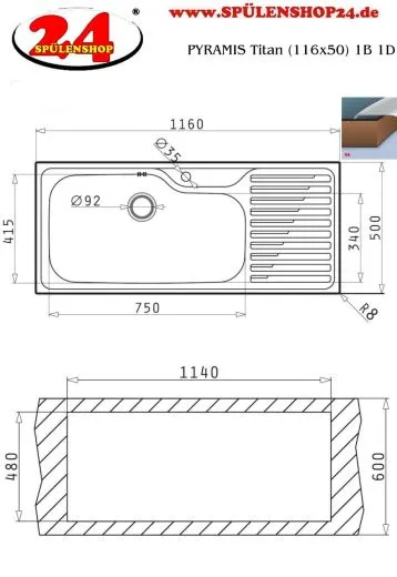 PYRAMIS Kchensple Titan (116x50) 1B 1D Einbausple / Edelstahlsple Siebkorb als Stopfenventil