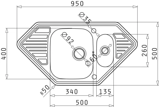 PYRAMIS Kchensple Medusa Corner 1 1/2B 2D Einbausple / Ecksple Siebkorb als Drehknopfventil