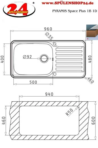 PYRAMIS Kchensple Space Plus 1B 1D Einbausple / Edelstahlsple Siebkorb als Drehknopfventil