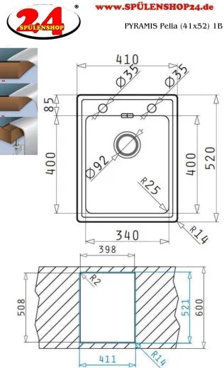 PYRAMIS Kchensple Pella (41x52) 1B HLB Einbausple Flachrand / Flchenbndig mit Drehknopfventil