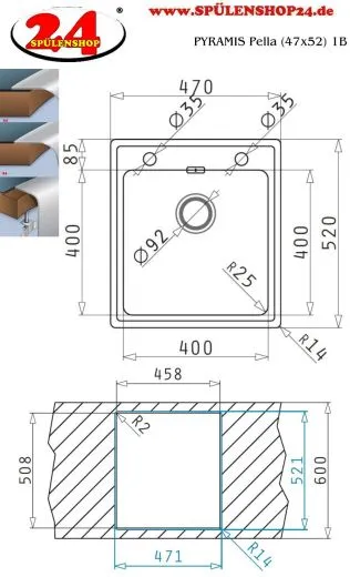 PYRAMIS Kchensple Pella (47x52) 1B HLB Einbausple Flachrand / Flchenbndig mit Drehknopfventil