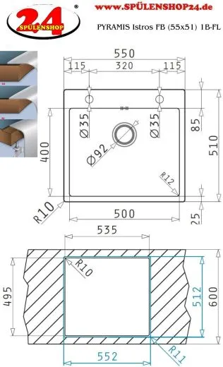 PYRAMIS Kchensple Istros FB (55x51) 1B HLB Einbausple Flachrand / Flchenbndig mit Drehknopfventil