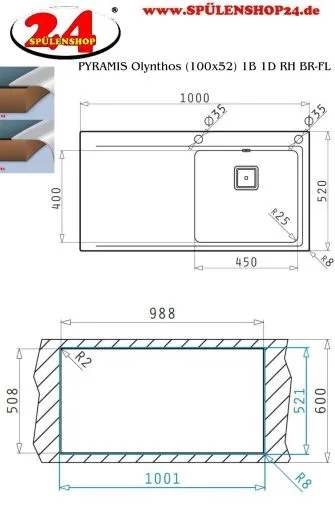 PYRAMIS Kchensple Olynthos (100x52) 1B 1D RH Einbausple Flachrand / Flchenbndig mit Drehknopfventil
