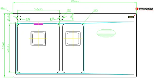 PYRAMIS Kchensple Olynthos (100x52) 1 1/2B 1D LH Einbausple Flachrand / Flchenbndig mit Drehknopfventil