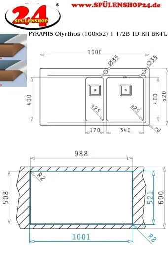 PYRAMIS Kchensple Olynthos (100x52) 1 1/2B 1D RH Einbausple Flachrand / Flchenbndig mit Drehknopfventil