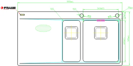 PYRAMIS Kchensple Olynthos (100x52) 1 1/2B 1D RH Einbausple Flachrand / Flchenbndig mit Drehknopfventil