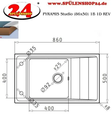 PYRAMIS Kchensple Studio (86x50) 1B 1D Einbausple / Edelstahlsple mit Drehknopfventil