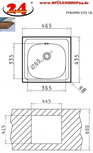{LAGER} PYRAMIS Küchenspüle E33 (46,5x43,5) 1B Einbauspüle / Edelstahlspüle Ablauf mit Gummistopfen ohne Hahnlochbohrung
