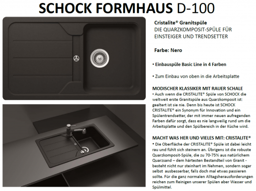 SCHOCK Kchensple Formhaus D-100 Cristalite Granitsple / Einbausple Basic Line mit Drehexcenter