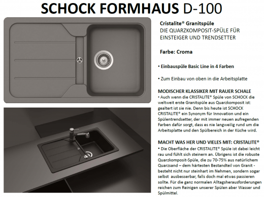 SCHOCK Kchensple Formhaus D-100 Cristalite Granitsple / Einbausple Basic Line mit Drehexcenter
