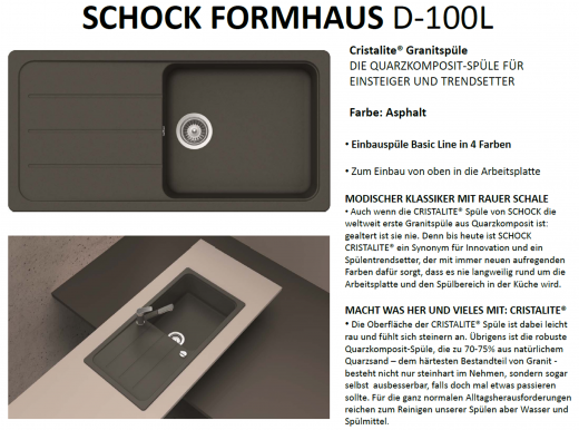 x SCHOCK Kchensple Formhaus D-100L Cristalite Granitsple / Einbausple Basic Line mit Drehexcenter