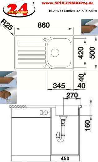 BLANCO Kchensple Lantos 45 S-IF Salto Edelstahlsple / Einbausple Flachrand mit Siebkorb als Drehknopfventil