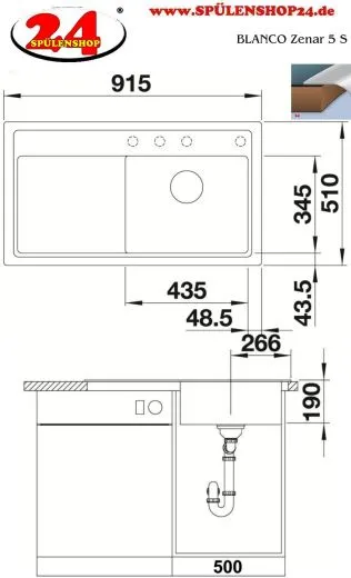 BLANCO Zenar 5 S Silgranit PuraDurII Granitsple / Einbausple Ablaufsystem InFino mit Drehknopfventil