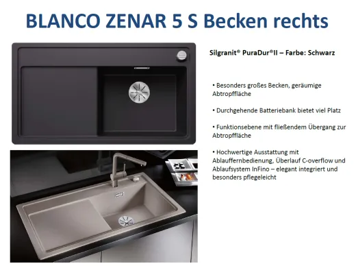 BLANCO Zenar 5 S Silgranit PuraDurII Granitsple / Einbausple Ablaufsystem InFino mit Drehknopfventil