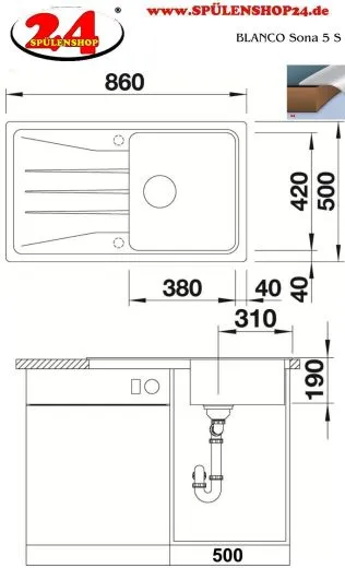 BLANCO Kchensple Sona 5 S Silgranit PuraDurII Granitsple / Einbausple mit Handbettigung