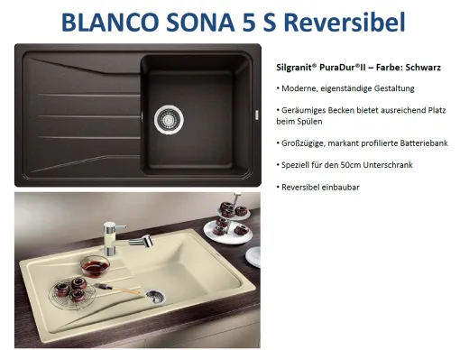 BLANCO Kchensple Sona 5 S Silgranit PuraDurII Granitsple / Einbausple mit Handbettigung