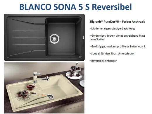 BLANCO Kchensple Sona 5 S Silgranit PuraDurII Granitsple / Einbausple mit Handbettigung