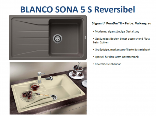 BLANCO Kchensple Sona 5 S Silgranit PuraDurII Granitsple / Einbausple mit Handbettigung