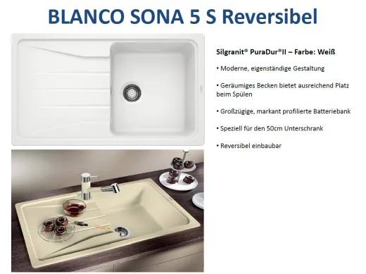 BLANCO Kchensple Sona 5 S Silgranit PuraDurII Granitsple / Einbausple mit Handbettigung