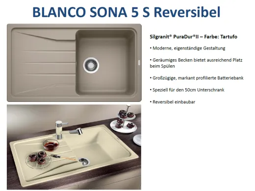BLANCO Kchensple Sona 5 S Silgranit PuraDurII Granitsple / Einbausple mit Handbettigung