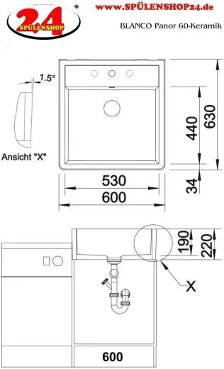 BLANCO Splstein Panor 60 Keramik PuraPlus Keramiksple mit Hahnlochbank Siebkorb als Stopfenventil