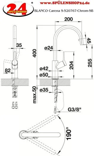 BLANCO Kchenarmatur Carena-S Chrom Einhebelmischer / Spltischarmatur mit Zugauslauf als verdeckter Auslauf