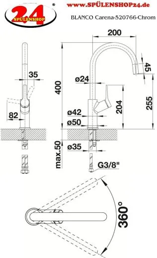 BLANCO Kchenarmatur Carena Chrom Einhebelmischer / Spltischarmatur mit Festauslauf 360 schwenkbarer Auslauf