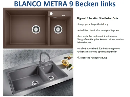 BLANCO Kchensple Metra 9 Silgranit PuraDurII Granitsple / Einbausple mit Handbettigung