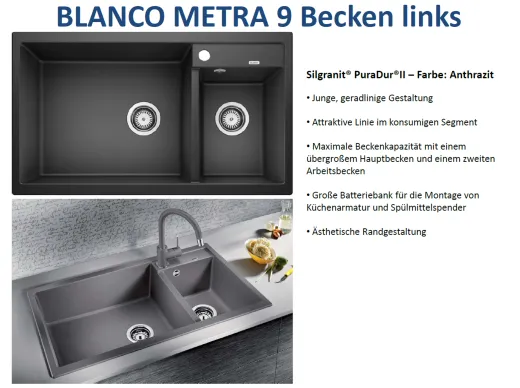 BLANCO Kchensple Metra 9 Silgranit PuraDurII Granitsple / Einbausple mit Handbettigung